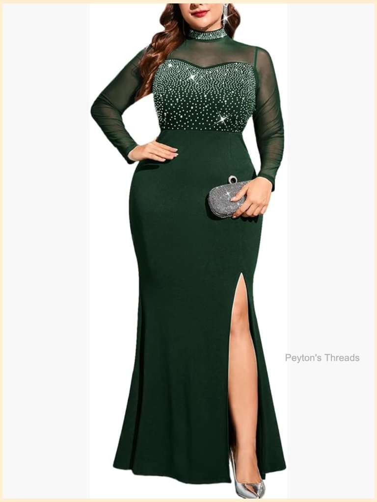 Plus Size Sparkly Split Maxi Dress Mesh Long Sleeve Mock Neck Mermaid Evening